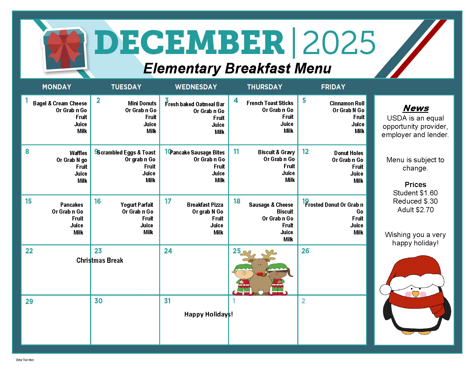 December Elementary Breakfast Menu